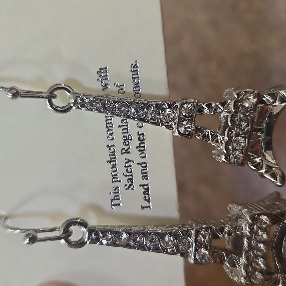 New Fresh & Co. Crystal Collection Silver Dangle Eiffel Tower Earrings - Picture 3 of 6